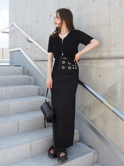 punching button belted long skirt /パンチング ボタン ベルト