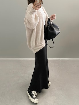 「titivate（ティティベイト）のﾛｰｹﾞｰｼﾞﾊﾝﾄﾞﾗｲｸﾆｯﾄｶｰﾃﾞｨｶﾞﾝ（カーディガン/ボレロ）」を使った、shino◡̈*❤︎さん（レディース・154cm）の秋コーディネート