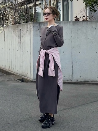 「by LEGNA（バイレグナ）の【選べる丈感】リブマキシヘンリーネックワンピース（ワンピース）」を使った、shino◡̈*❤︎さん（レディース・154cm）の春コーディネート