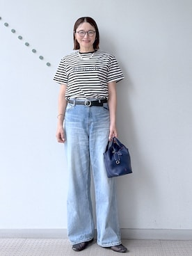 「DRESSTERIOR（ドレステリア）の【接触冷感／抗菌防臭／消臭】アイスクリアコットンBonsoirロゴボーダーTシャツ（Tシャツ/カットソー、ブラック系）」を使った、ほしららさん（レディース・167cm）の夏コーディネート
