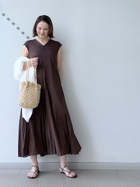 「DRESSTERIOR（ドレステリア）の【きれいめ/ウォッシャブル】コットンローンフレンチスリーブワンピ（ワンピース、ブラウン系）」を使った、ほしららさん（レディース・167cm）の春コーディネート