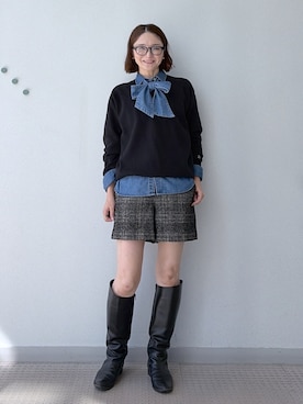 「DRESSTERIOR（ドレステリア）の【取り外し可能】2WAY ボウタイデニムシャツ（シャツ/ブラウス、ブルー系）」を使った、ほしららさん（レディース・167cm）の秋コーディネート