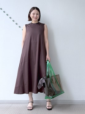 「DRESSTERIOR（ドレステリア）の【接触冷感／抗菌防臭／消臭/ウォッシャブル】アイスクリアコットン フレンチスリーブワンピース（ワンピース、ブラウン系）」を使った、ほしららさん（レディース・167cm）の春コーディネート