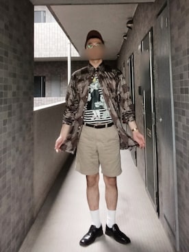 「古着のアイテム（シャツ/ブラウス、ブラウン系）」を使った、jumpei20さん（メンズ・183cm）の夏コーディネート