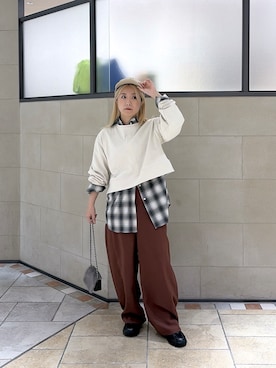 「GALLEST（ギャレスト）のロングスリーブフォルムカットソー【洗える】（Tシャツ/カットソー、ホワイト系）」を使った、yoneさん（レディース）の秋コーディネート
