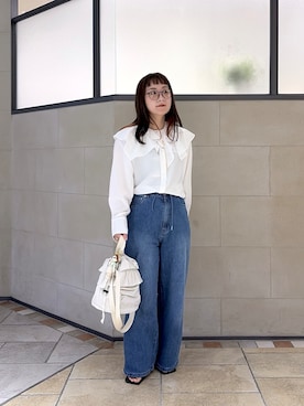 「cloenc（クロエンス）の【マシンウォッシュ】ラッフルフリルブラウス（シャツ/ブラウス、ホワイト系）」を使った、yonegallestjpさん（レディース）の春コーディネート