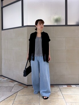「cloenc（クロエンス）の【ひんやり／体型カバー】レースフレンチスリーブブラウス（シャツ/ブラウス、ブラック系）」を使った、yonegallestjpさん（レディース）の夏コーディネート