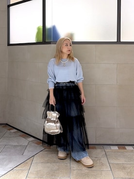 「cloenc（クロエンス）の【WEB限定カラーあり】Relaxy Rich シルクカシミヤ混 クルーニット（ニット/セーター、ブルー系）」を使った、yoneさん（レディース）の秋コーディネート