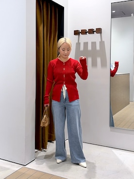 「cloenc（クロエンス）の【WEB限定カラーあり】Relaxy Rich シルクカシミヤ混 リブニットカーディガン　9色展開（カーディガン/ボレロ、レッド系）」を使った、yoneさん（レディース）の秋コーディネート