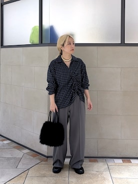 「GALLEST（ギャレスト）のバイアスシャーリングチェックシャツ（シャツ/ブラウス、ブルー系）」を使った、yoneさん（レディース）の秋コーディネート