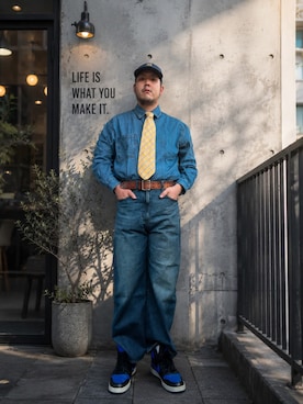 「GU（ジーユー）のアイテム（シャツ/ブラウス、ブルー系）」を使った、ようさん（メンズ・177cm）の秋コーディネート