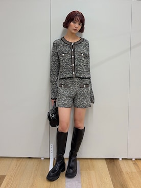 「SLY（スライ）のBICOLOR TWEED KNIT TOPS バイカラーツイードニットトップス 秋服（ニット/セーター、ブラック系）」を使った、miyuさん（レディース・164cm）の秋コーディネート