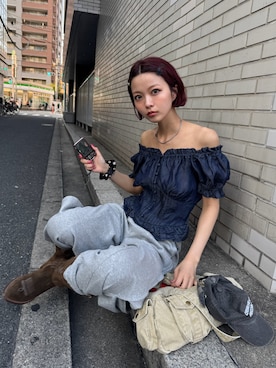 「SLY（スライ）のPUFF SLEEVES WOVEN TOPS パフスリーブスウーブントップス 夏服 秋服（シャツ/ブラウス、ブルー系）」を使った、miyuさん（レディース・164cm）の夏コーディネート