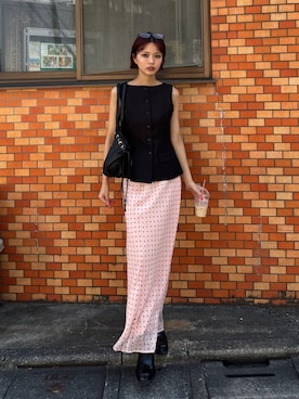 「SLY（スライ）の【SNSで話題！】COMFORT MAXI SKIRT コンフォートマキシスカート 夏服（スカート、ピンク系）」を使った、miyuさん（レディース・164cm）の夏コーディネート