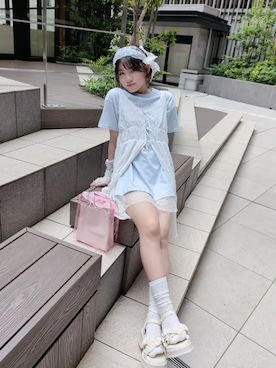 「RiCO SUCRE（リコシュクレ）の【接触冷感】裾レースワンピース（ワンピース、ブルー系）」を使った、SHUSHUさん（キッズ・153cm）の夏コーディネート