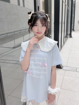 「RiCO SUCRE（リコシュクレ）の【接触冷感】裾レースワンピース（ワンピース、ブルー系）」を使った、SHUSHUさん（キッズ・153cm）の夏コーディネート