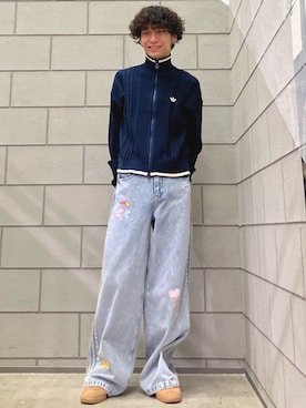 「adidas（アディダス）のファイヤーバード ケーブルニットトラックトップ / ジャージ / トラックジャケット / アディダスオリジナルス adidas Originals（ジャージ、ブルー系）」を使った、OMさん（メンズ・166cm）の夏コーディネート