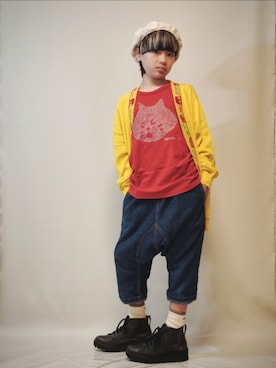 「FRAPBOIS（フラボア）のアイテム（カーディガン/ボレロ、イエロー系）」を使った、唯智さん（キッズ・145cm）の秋コーディネート