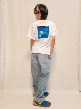 「UNIQLO（ユニクロ）のアイテム（Tシャツ/カットソー、ホワイト系）」を使った、唯智さん（キッズ・143cm）の夏コーディネート