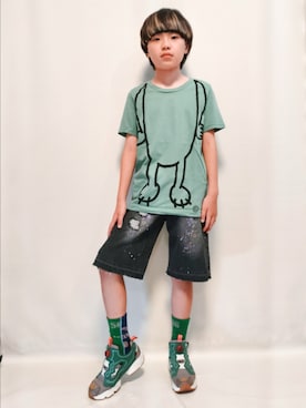 「アイテム（Tシャツ/カットソー、グリーン系）」を使った、唯智さん（キッズ・143cm）の夏コーディネート