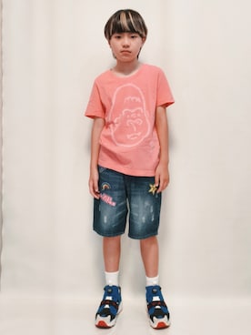「Ne-net（ネネット）のアイテム（Tシャツ/カットソー、ピンク系）」を使った、唯智さん（キッズ・143cm）の夏コーディネート