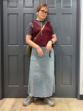 「HONEYSUCKLE ROSE（ハニーサックルローズ）のシャギーヤーン2WAYビスチェ（ベスト、レッド系）」を使った、leo1484さん（キッズ）の夏コーディネート