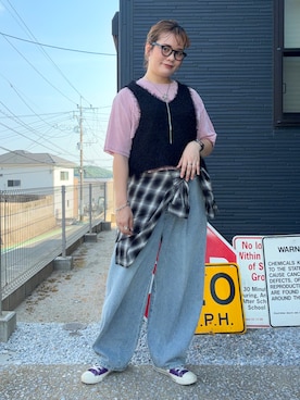 「HONEYSUCKLE ROSE（ハニーサックルローズ）のベロア半袖Tシャツ（Tシャツ/カットソー、ピンク系）」を使った、leo1484さん（キッズ）の夏コーディネート
