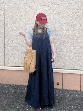 「ITEMS URBANRESEARCH（アイテムズ アーバンリサーチ）の綿麻デニムキャミワンピース（ワンピース、ブルー系）」を使った、lan★さん（レディース・154cm）の夏コーディネート