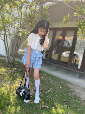 「by LOVEiT（バイラビット）のクロップド丈レイヤードブラウス（シャツ/ブラウス、ホワイト系）」を使った、ゆづきさん（キッズ・136cm）の夏コーディネート