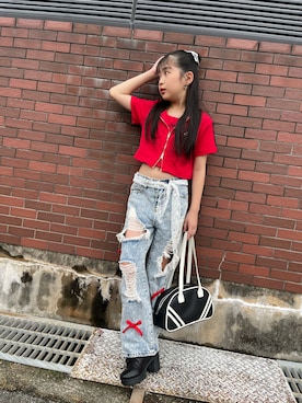 「ANAP kids（アナップキッズ）のライン入ダブルジップカーデ×キャミソール SET【ジュニアお揃い】（Tシャツ/カットソー、レッド系）」を使った、ゆづきさん（キッズ・136cm）の夏コーディネート
