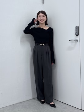 「COLLAGE GALLARDAGALANTE（コラージュガリャルダガランテ）のポインテッドベルトヒール/PAPILLONNER（パンプス、ブラック系）」を使った、NAKAJIMAさん（レディース・158cm）の秋コーディネート