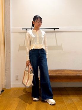 「HANES（ヘインズ）の『別注』HANES×DOORS　ワッフルコンパクトカーディガン（カーディガン/ボレロ、ホワイト系）」を使った、もえさん（レディース・159cm）の秋コーディネート