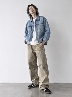 「Calvin Klein（カルバン・クライン）のCalvin Klein/カルバンクライン 90S BOULEVARD BLUES AOP TRUCKER 90s オールオーバートラッカージャケット デニムジャケット プリント チェック ライトアウター メンズ レディース 2026年 秋 秋服 冬 冬服（デニムジャケット、ブルー系）」を使った、tatsukiさん（メンズ・172cm）の秋コーディネート