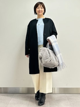 「アイテム（ノーカラーコート、ブラック系）」を使った、みなこさん（レディース・156cm）の冬コーディネート