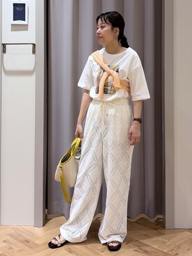 「grove（グローブ）の【洗える/名品】大人の透け感、シアーカーディガン（カーディガン/ボレロ、オレンジ系）」を使った、JMさん（レディース・155cm）の夏コーディネート
