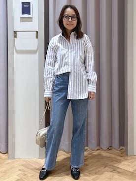 「grove（グローブ）の【貴島明日香さん着用】一度着たら手放せない、驚きの伸びを備えたコットンナイロンストレッチシャツ（シャツ/ブラウス、ブルー系）」を使った、JMさん（レディース・155cm）の春コーディネート
