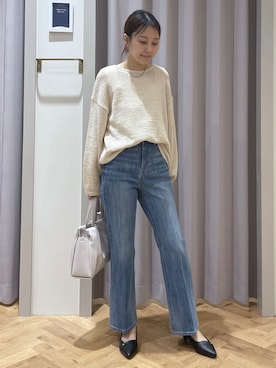 「grove（グローブ）の【貴島明日香さん着用・大人のリラックススタイル】テープヤーン ボートネックニット（ニット/セーター、ベージュ系）」を使った、JMさん（レディース・155cm）の春コーディネート