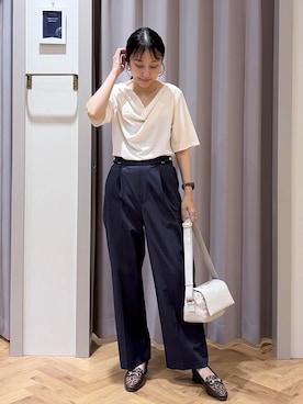 「grove（グローブ）の着るだけで旬顔 ドレープネックテレコTシャツ（Tシャツ/カットソー、ホワイト系）」を使った、JMさん（レディース・155cm）の夏コーディネート