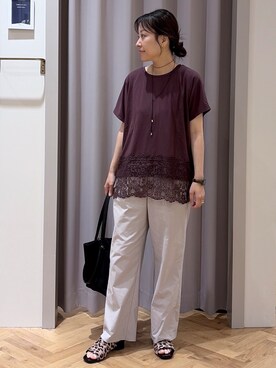 「grove（グローブ）の【持続冷感/SET UP可】ひんやりポンチシリーズ／裾レースドルマンカットソー（Tシャツ/カットソー、ブラウン系）」を使った、JMさん（レディース・155cm）の夏コーディネート