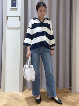 「grove（グローブ）の【貴島明日香さん着用】ラガークロップドプルオーバー（ニット/セーター、ブルー系）」を使った、JMさん（レディース・155cm）の春コーディネート