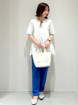 「OPAQUE.CLIP（オペークドットクリップ）の◆ペプラムドッキングカットソー【洗濯機洗い可】（Tシャツ/カットソー）」を使った、akkyさん（レディース・157cm）の春コーディネート