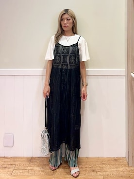 「DRESKIP（ドレスキップ）の【S-LL】レースキャミワンピース（ワンピース、ブラック系）」を使った、みりのさん（レディース・161cm）の夏コーディネート