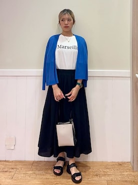 「DRESKIP（ドレスキップ）の【洗える】ひんやりさらっと 大人のシアーカーディガン（カーディガン/ボレロ、ブルー系）」を使った、みりのさん（レディース・161cm）の春コーディネート