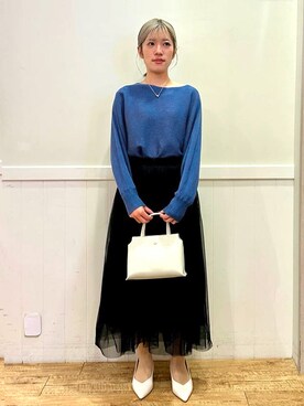 「DRESKIP（ドレスキップ）の【洗える】上品で華やかに アンジェリーナ ドルマンニット（ニット/セーター、ブルー系）」を使った、みりのさん（レディース・161cm）の冬コーディネート
