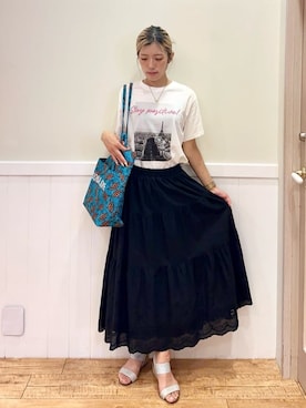 「SHOO・LA・RUE（シューラルー）の【S-LL/ひんやり/UV】選べる6柄でそれぞれ欲しくなる プリントTシャツ（Tシャツ/カットソー、ホワイト系）」を使った、みりのさん（レディース・161cm）の夏コーディネート