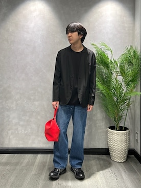 「TAKEO KIKUCHI（タケオキクチ）の【ON／OFF兼用】CARREMANファブリック ノーカラージャケット（ノーカラージャケット、ブラック系）」を使った、ruin3さん（メンズ）の春コーディネート