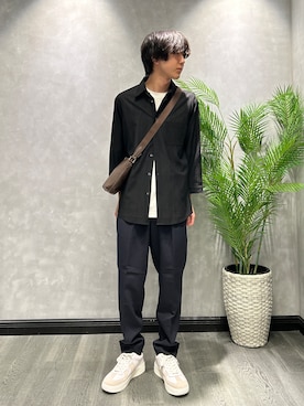 「TAKEO KIKUCHI（タケオキクチ）の【通気性】トリコットサッカー 7分袖シャツ（シャツ/ブラウス、ブラック系）」を使った、ruin3さん（メンズ）の夏コーディネート