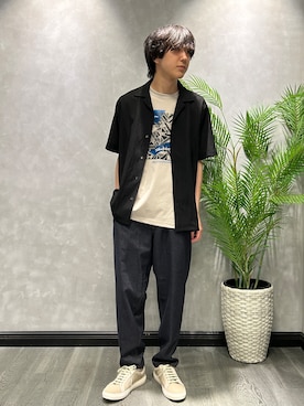 「TAKEO KIKUCHI（タケオキクチ）の【通気性】トリコットサッカー オープンカラー シャツ（シャツ/ブラウス、ブラック系）」を使った、ruin3さん（メンズ）の夏コーディネート