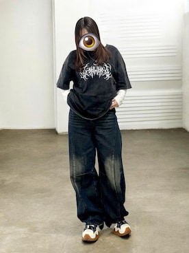 「ノーブランド品のアイテム（Tシャツ/カットソー、ブラック系）」を使った、もかさん（レディース・159cm）の春コーディネート