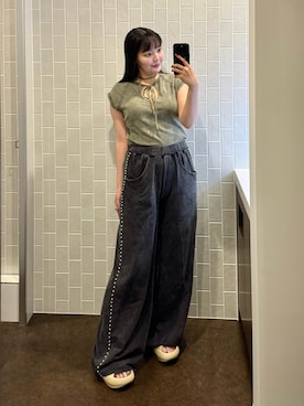「ノーブランド品のアイテム（Tシャツ/カットソー、ベージュ系）」を使った、もかさん（レディース・159cm）の夏コーディネート